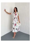 Kadın Desenli Gömlek Yaka Düğmeli Poplin Kumaş Yandan Yırtmaçlı Elbise Midi Boy