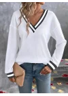 MetuCa Kadın Beyaz Çizgili V Yaka Düşük Omuz Uzun Kollu Waffle Kumaş Kazak Bluz