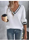 MetuCa Kadın Beyaz Çizgili V Yaka Düşük Omuz Uzun Kollu Waffle Kumaş Kazak Bluz