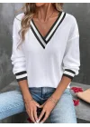 MetuCa Kadın Beyaz Çizgili V Yaka Düşük Omuz Uzun Kollu Waffle Kumaş Kazak Bluz