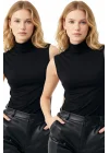 Kadın 2li Siyah Pamuklu Esnek Yarım Balıkçı Yaka Kolsuz Basic Bluz