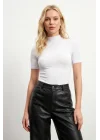 Kadın 3lü Beyaz Yarım Balıkçı Yaka Kısa Kollu Esnek Pamuklu Basic Bluz