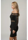 Kadın Siyah Madonna Yaka Uzun Kollu Dantelli Mini Dalgıç Elbise