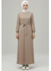 Kadın Bej Bisiklet Yaka Balon Kol Kuşaklı Kloş Kesim Modal Elbise