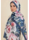 Kadın Mavi Çerçeveli Büyük Çiçek Desenli Pamuklu Soft Dokulu Mevsimlik Şal