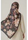 Kadın Kahverengi Çerçeveli Büyük Çiçek Desenli Pamuklu Soft Dokulu Mevsimlik Şal