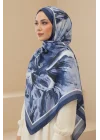 Kadın Lacivert Çerçeveli Büyük Çiçek Desenli Pamuklu Soft Dokulu Mevsimlik Şal