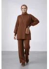 Kadın Acı Kahve Balon Kol Oversize Triko Tunik Pantolon İkili Takım