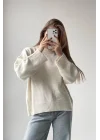 Kadın Ekru Bisiklet Yaka Balon Kol Oversize Triko Kazak