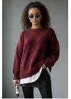 Kadın Bordo Bisiklet Yaka Balon Kol Oversize Triko Kazak