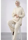 Kadın Ekru Balon Kol Oversize Triko Tunik Pantolon İkili Takım