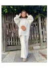 Kadın Ekru Balon Kol Oversize Triko Tunik Pantolon İkili Takım