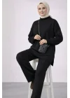 Kadın Siyah Balon Kol Oversize Triko Tunik Pantolon İkili Takım