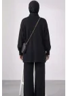 Kadın Siyah Balon Kol Oversize Triko Tunik Pantolon İkili Takım