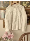 Kadın Bej Fisto İşlemeli Dantel Garnili Hakim Yaka Pamuklu Pinterest Gömlek Bluz