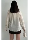 Kadın Bej Fisto İşlemeli Dantel Garnili Hakim Yaka Pamuklu Pinterest Gömlek Bluz