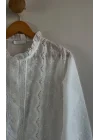 Kadın Beyaz Fisto İşlemeli Dantel Garnili Hakim Yaka Pamuklu Pinterest Gömlek Bluz