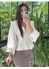 Kadın Bej V Yaka Fisto İşlemeli Nakışlı Volanlı Peplum Keten Pinterest Bluz