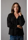 Kadın Siyah Fisto İşlemeli Dantel Garnili Bisiklet Yaka Pamuklu Pinterest Gömlek Bluz