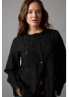 Kadın Siyah Fisto İşlemeli Dantel Garnili Bisiklet Yaka Pamuklu Pinterest Gömlek Bluz