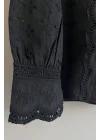 Kadın Siyah Fisto İşlemeli Dantel Garnili Bisiklet Yaka Pamuklu Pinterest Gömlek Bluz