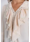 Kadın Ekru V Yaka Fırfırlı Dantel Güpür Detaylı Balon Kol Vintage Romantik Bluz