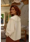 Kadın Ekru Geniş Dantel Yakalı Balon Kol Düğmeli Pamuklu Vintage Gömlek