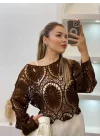 Kadın Acı Kahve Crochet Örgü Desenli Ajurlu Transparan Dantel Triko Pinterest Bluz