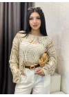 Kadın Ekru Crochet Örgü Desenli Ajurlu Transparan Dantel Triko Pinterest Bluz