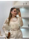 Kadın Ekru Crochet Örgü Desenli Ajurlu Transparan Dantel Triko Pinterest Bluz