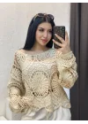 Kadın Ekru Crochet Örgü Desenli Ajurlu Transparan Dantel Triko Pinterest Bluz