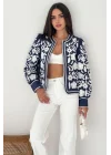 Kadın Lacivert Beyaz Çiçek Nakış İşlemeli Biyeli Keten Mevsimlik Ceket