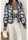 Kadın Lacivert Beyaz Çiçek Nakış İşlemeli Biyeli Keten Mevsimlik Ceket