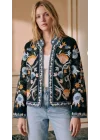Kadın Siyah Renkli Çiçek Nakış İşlemeli Yakasız Mevsimlik Denim Pinterest Ceket