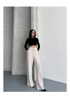 Kadın Ekru Yüksek Bel Bağlamalı Bol Paça Dökümlü Yumuşak Modal Kumaş Pantolon