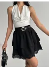 Kadın Siyah Dantel Uçlu Katlı Volanlı Yüksek Bel Dokuma Kumaş Mini Etek