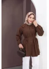 Kadın Kahverengi Geniş Çift Yakalı Pileli Kuşaklı Dokuma Kumaş Uzun Tunik Gömlek