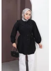 Kadın Siyah Geniş Çift Yakalı Pileli Kuşaklı Dokuma Kumaş Uzun Tunik Gömlek