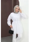 Kadın Beyaz Geniş Çift Yakalı Pileli Kuşaklı Dokuma Kumaş Uzun Tunik Gömlek