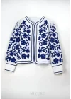 Kadın Ekru Lacivert Çiçek Nakış İşlemeli Biyeli Keten Mevsimlik Ceket