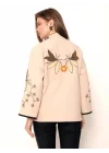 Kadın Bej Renkli Çiçek Nakışlı Biyeli Kimono Kol Kaşe Kumaş Kısa Kaban Ceket