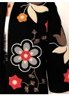 Kadın Siyah Renkli Çiçek Nakışlı Biyeli Kimono Kol Kaşe Kumaş Kısa Kaban Ceket