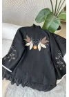 Kadın Siyah Renkli Çiçek Nakışlı Biyeli Kimono Kol Kaşe Kumaş Kısa Kaban Ceket