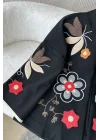 Kadın Siyah Renkli Çiçek Nakışlı Biyeli Kimono Kol Kaşe Kumaş Kısa Kaban Ceket