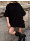 Kadın Siyah Bisiklet Yaka Balon Etekli Oversize Dokuma Kumaş Mini Elbise