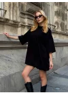 Kadın Siyah Bisiklet Yaka Balon Etekli Oversize Dokuma Kumaş Mini Elbise