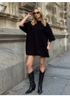 Kadın Siyah Bisiklet Yaka Balon Etekli Oversize Dokuma Kumaş Mini Elbise