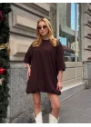 Kadın Acı Kahve Dokuma Kumaş Balon Etekli Bisiklet Yaka Oversize Mini Elbise
