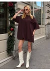 Kadın Acı Kahve Dokuma Kumaş Balon Etekli Bisiklet Yaka Oversize Mini Elbise