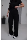 Kadın Siyah Yüksek Bel Bağlamalı Bol Paça Dökümlü Yumuşak Modal Kumaş Pantolon